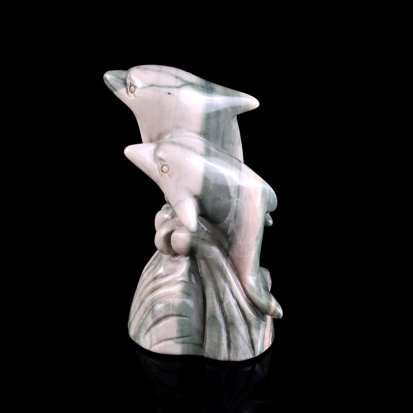 Nicedony 3.2" Jiulong Jade Hand Carved Crystal Dolphins Sculpture - #2100301