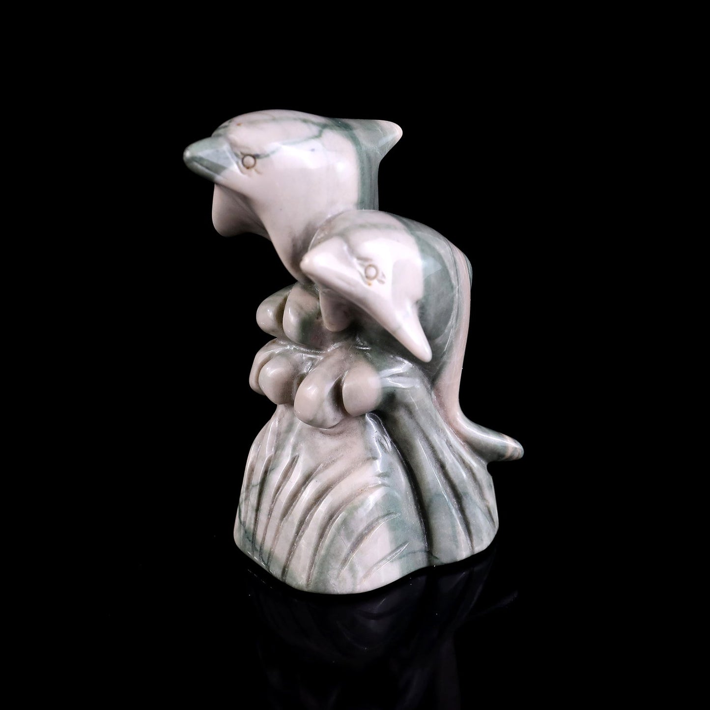 Nicedony 3.2" Jiulong Jade Hand Carved Crystal Dolphins Sculpture - #2100309
