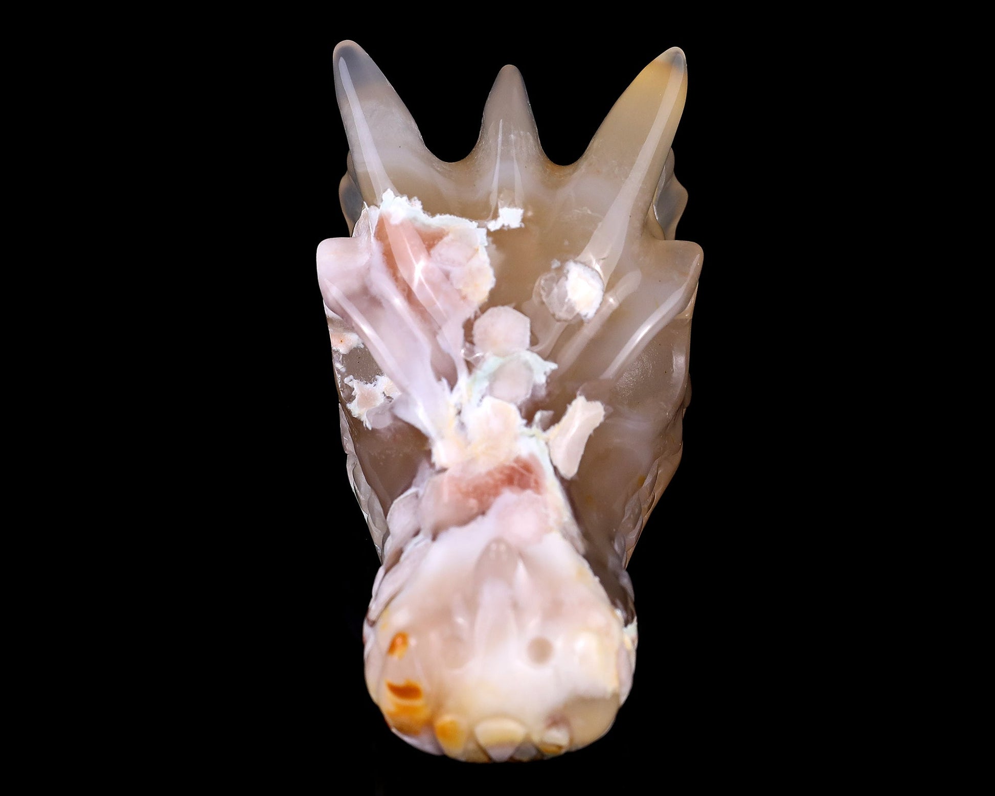 Nicedony 3.2" Sakura Agate Hand Carved Crystal Dragon Skull Sculpture - #5100092