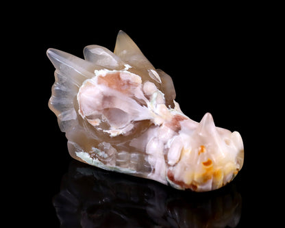 Nicedony 3.2" Sakura Agate Hand Carved Crystal Dragon Skull Sculpture - #5100096