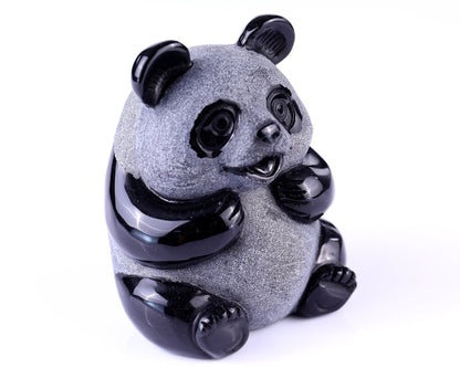 Nicedony 3.3" Black Obsidian Hand Carved Crystal Panda Sculpture - #3100112