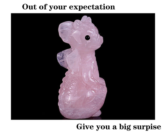 Nicedony 3.3" Rose Quartz Hand Carved Cute Baby Dragon Sculpture