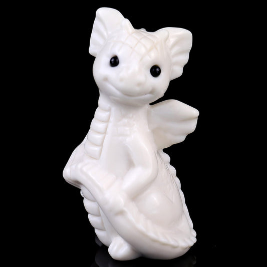 Nicedony 3.3" White Jade Hand Carved Cute Baby Dragon Sculpture