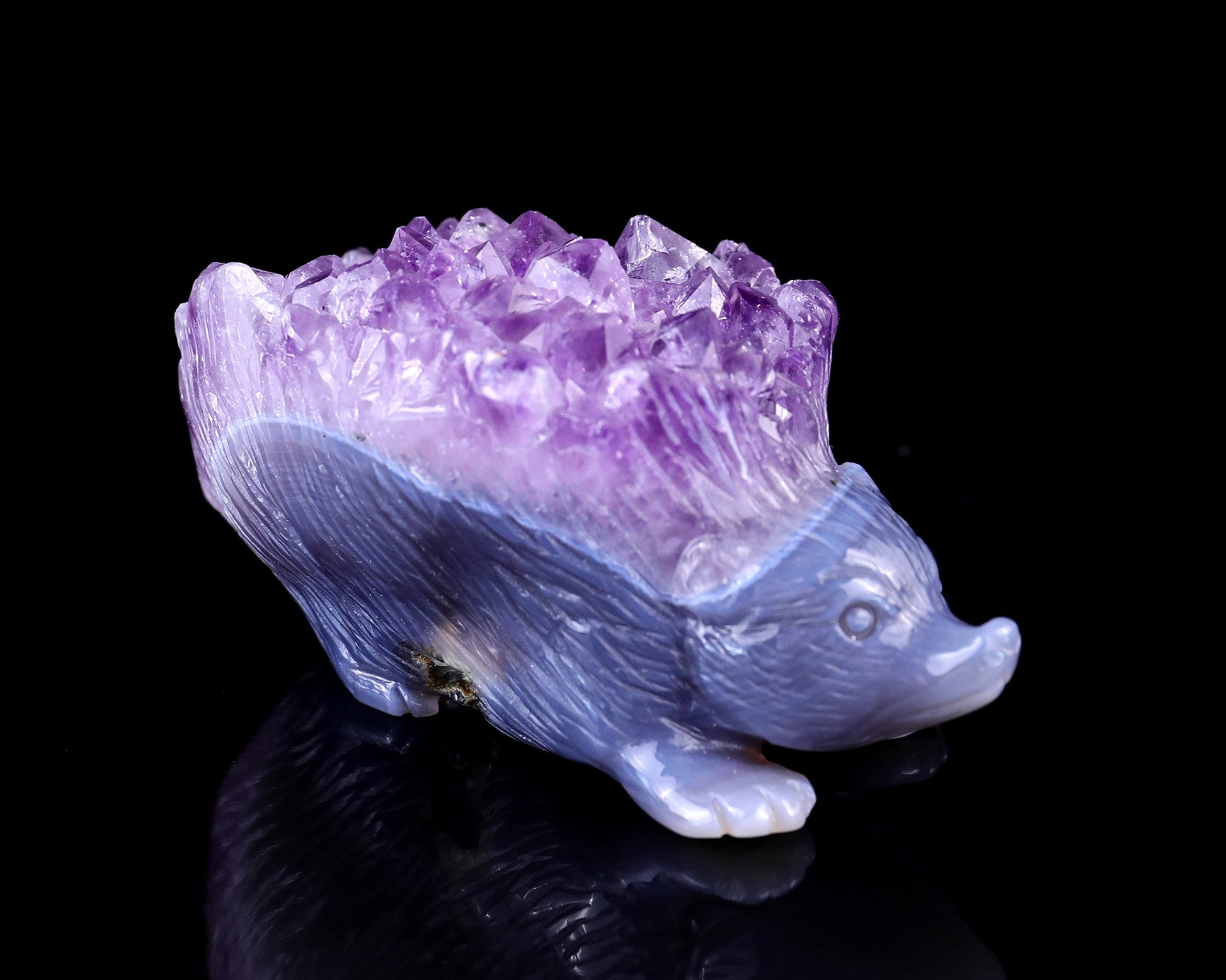 Nicedony 3.4" Amethyst Druse Agate Hand Carved Hedgehog Sculpture
