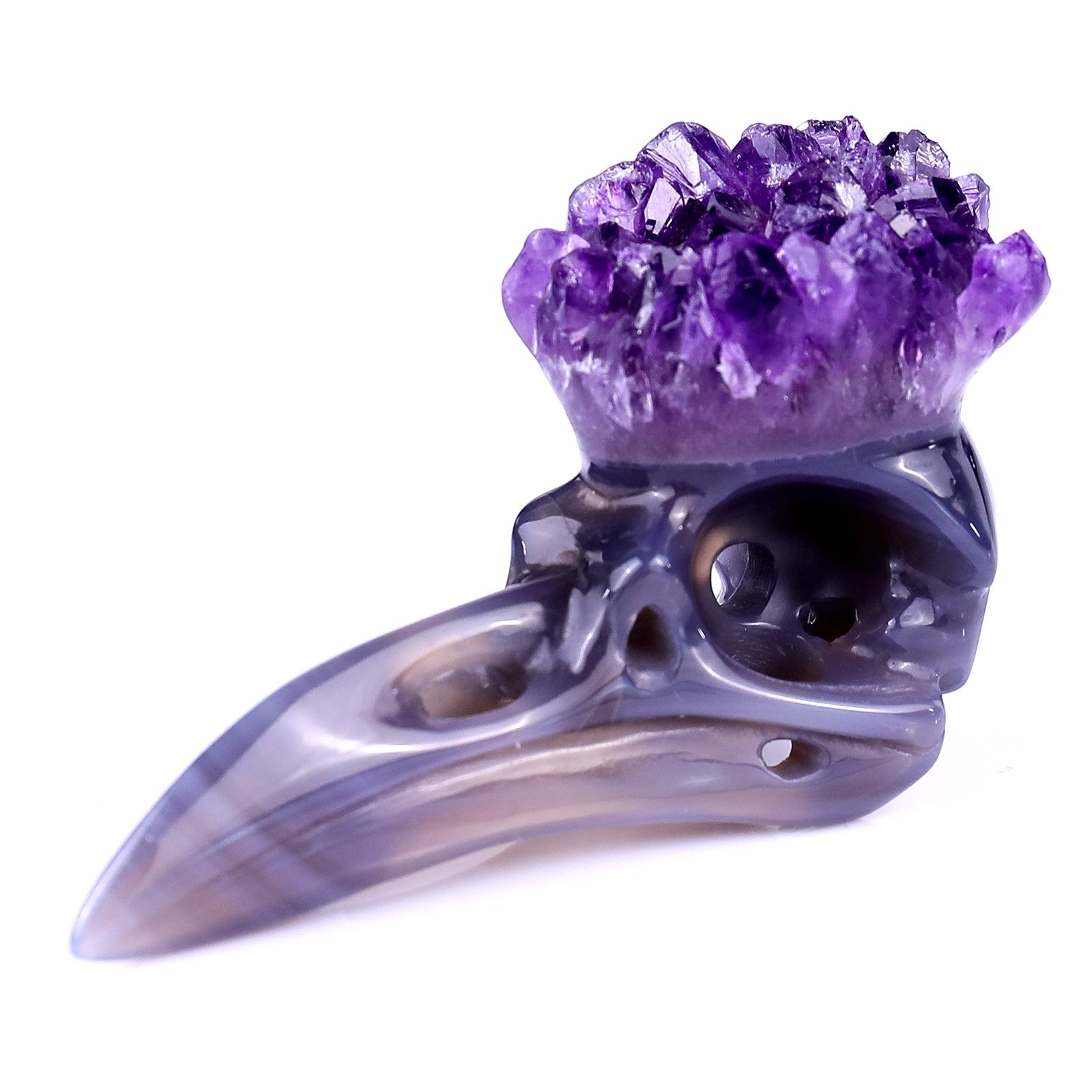 Nicedony 3.4" Amethyst Druse Agate Hand Carved Crystal Raven Skull Sculpture - View 7