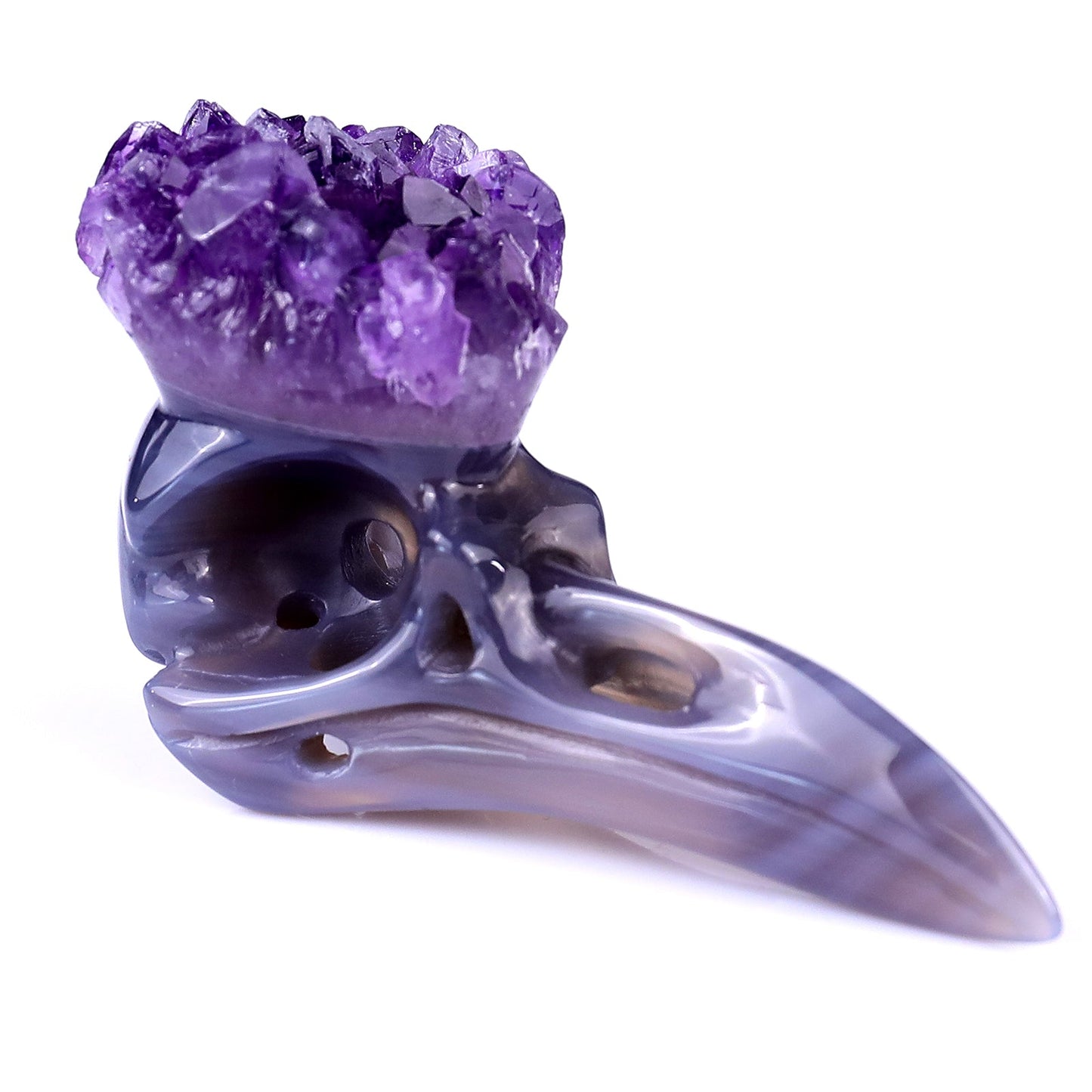 Nicedony 3.4" Amethyst Druse Agate Hand Carved Crystal Raven Skull Sculpture