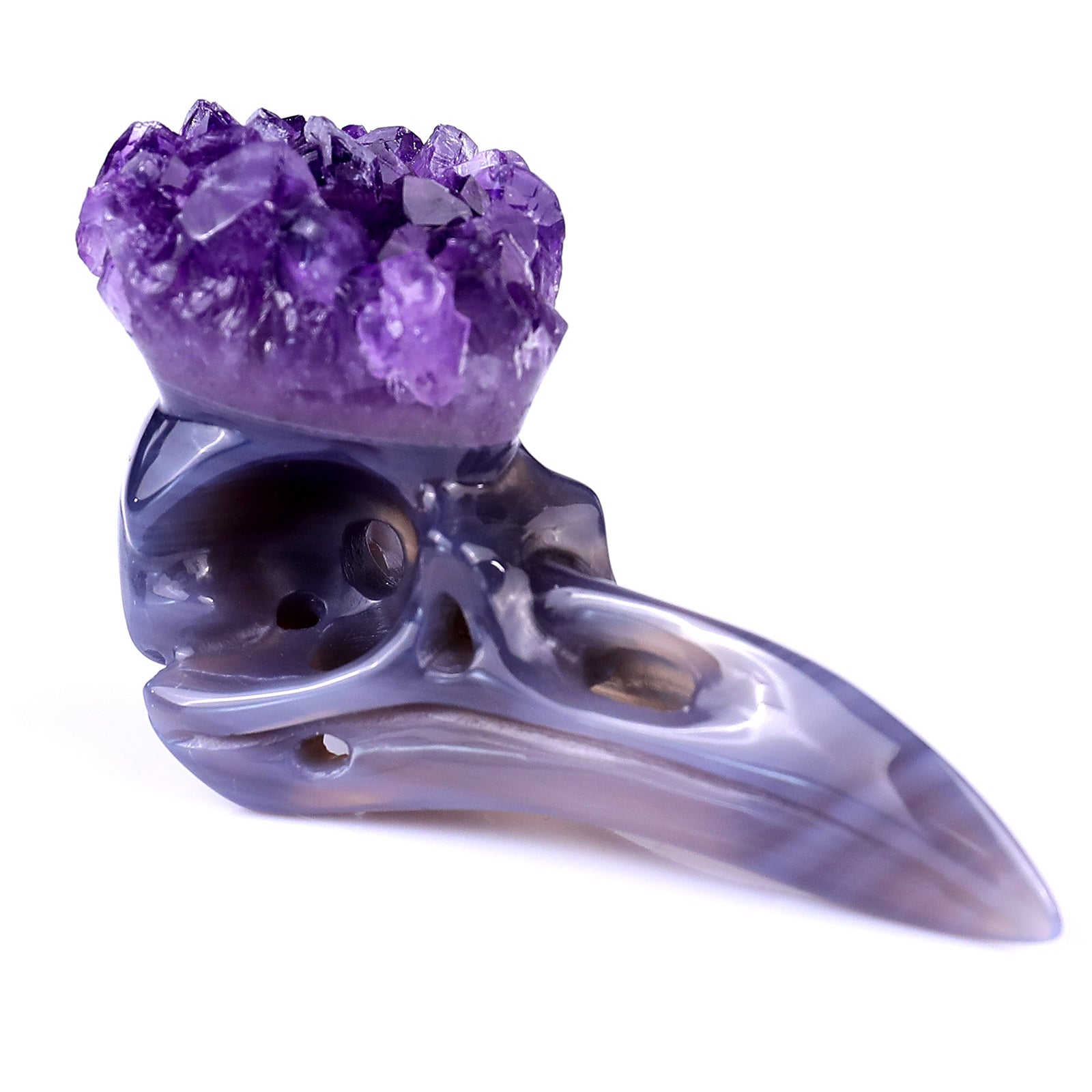 Nicedony 3.4" Amethyst Druse Agate Hand Carved Crystal Raven Skull Sculpture