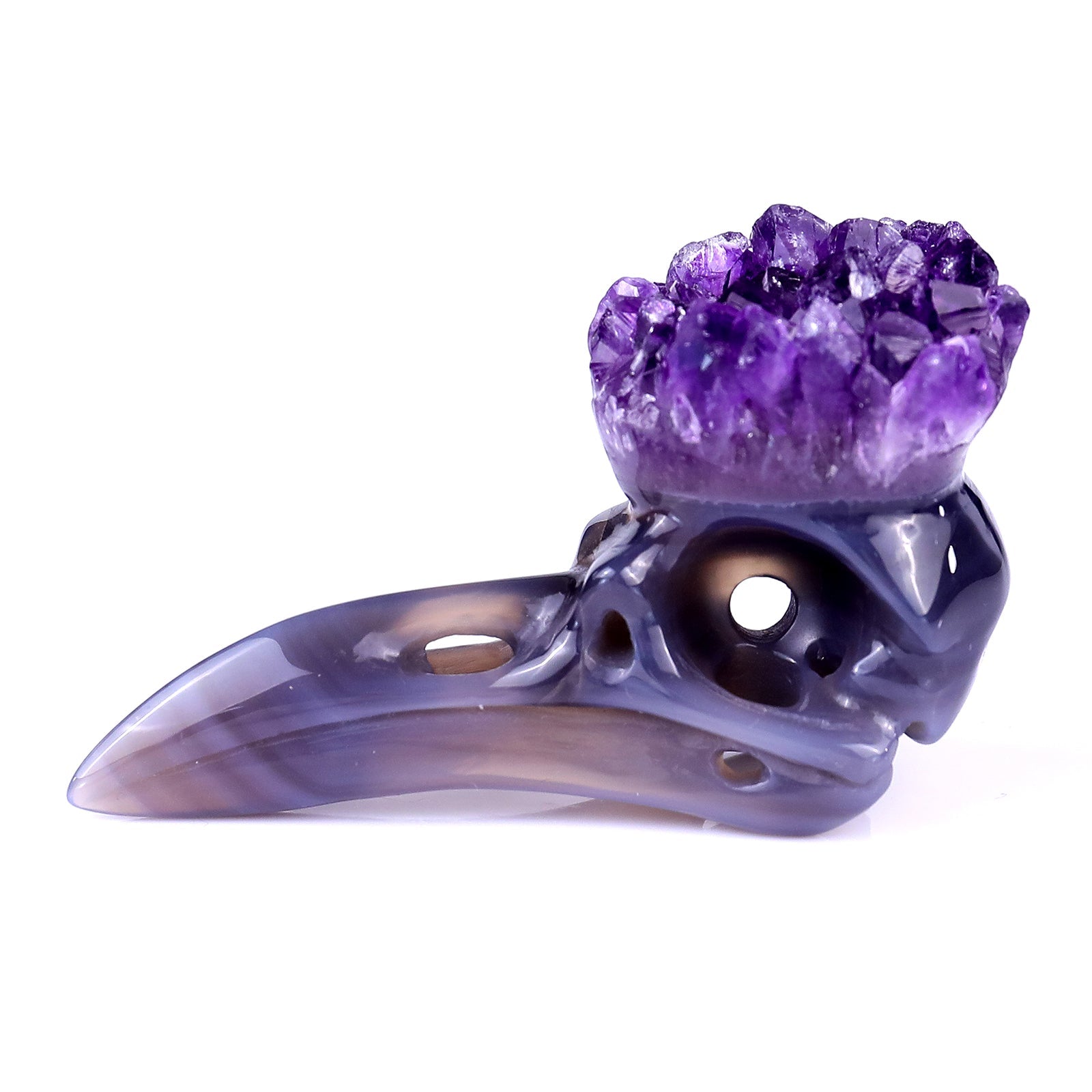 Nicedony 3.4" Amethyst Druse Agate Hand Carved Crystal Raven Skull Sculpture - View 4