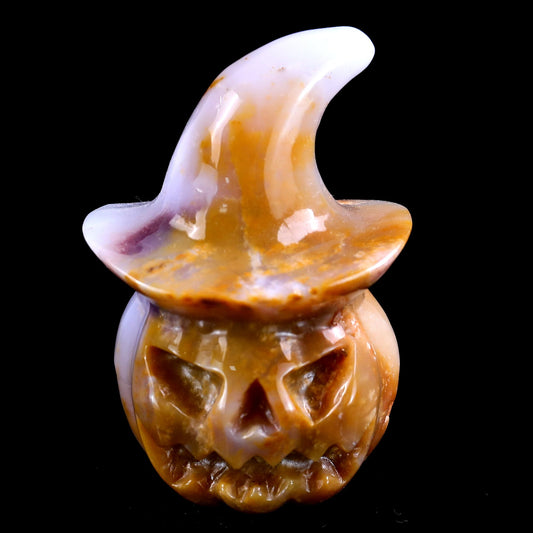 Nicedony 3.4” Natural Chalcedony Hand Carved Crystal Wizard Pumpkin Sculpture, Halloween Gift