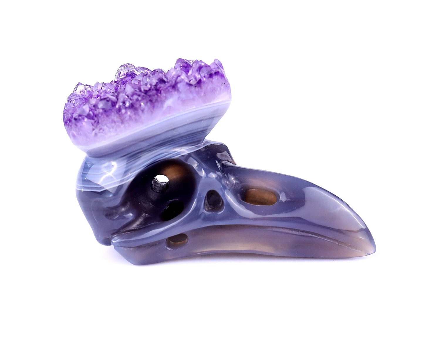 Nicedony 3.7" Amethyst Druse Agate Hand Carved Crystal Raven Skull Sculpture - View 6