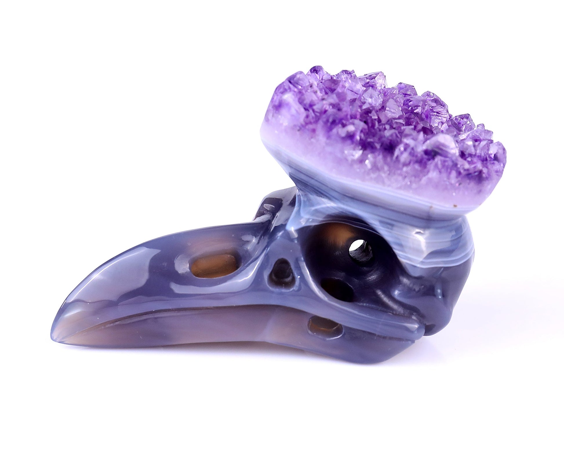 Nicedony 3.7" Amethyst Druse Agate Hand Carved Crystal Raven Skull Sculpture