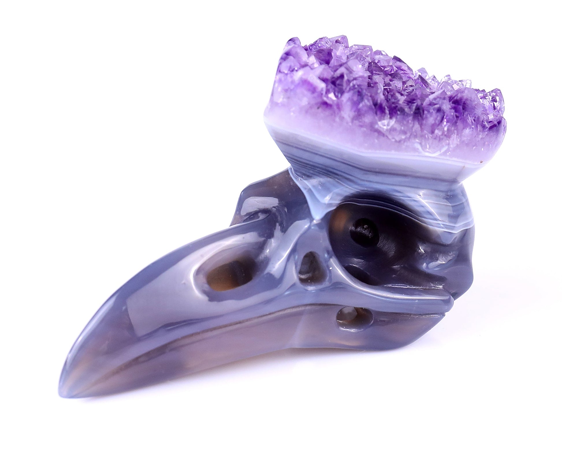 Nicedony 3.7" Amethyst Druse Agate Hand Carved Crystal Raven Skull Sculpture - View 2