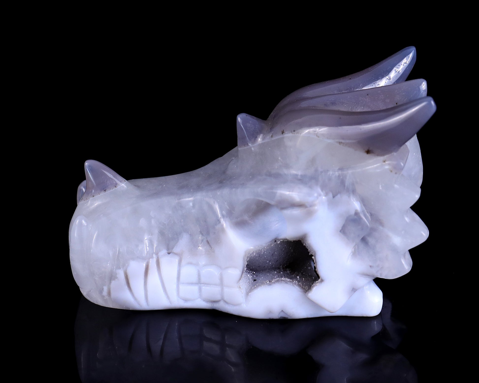 Nicedony 3.7" White Geode Agate Hand Carved Dragon Skull Sculpture - View 4