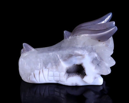 Nicedony 3.7" White Geode Agate Hand Carved Dragon Skull Sculpture - View 4