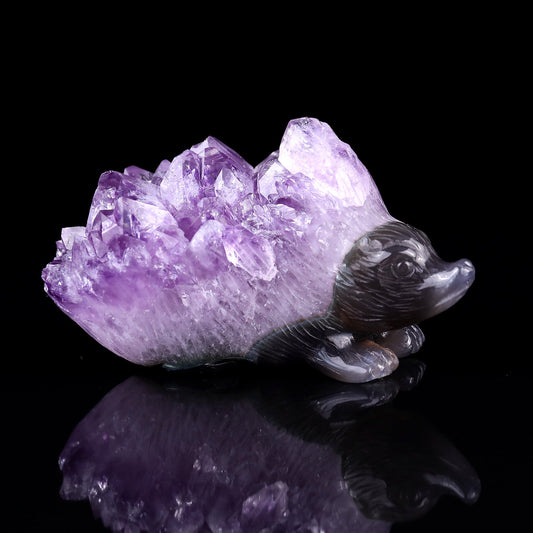 Nicedony 3.8"Amethyst Druse Agate Hand Carved Hedgehog Sculpture