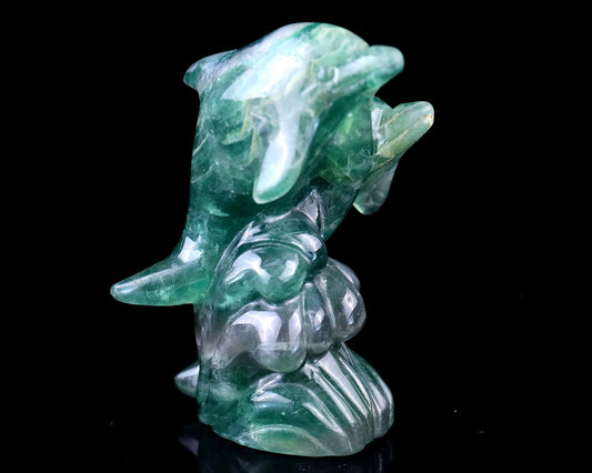 Nicedony 3.9" Fluorite Hand Carved Crystal Dolphins Sculpture