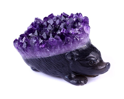 Nicedony 4.1" Amethyst Druse Agate Hand Carved Hedgehog Sculpture