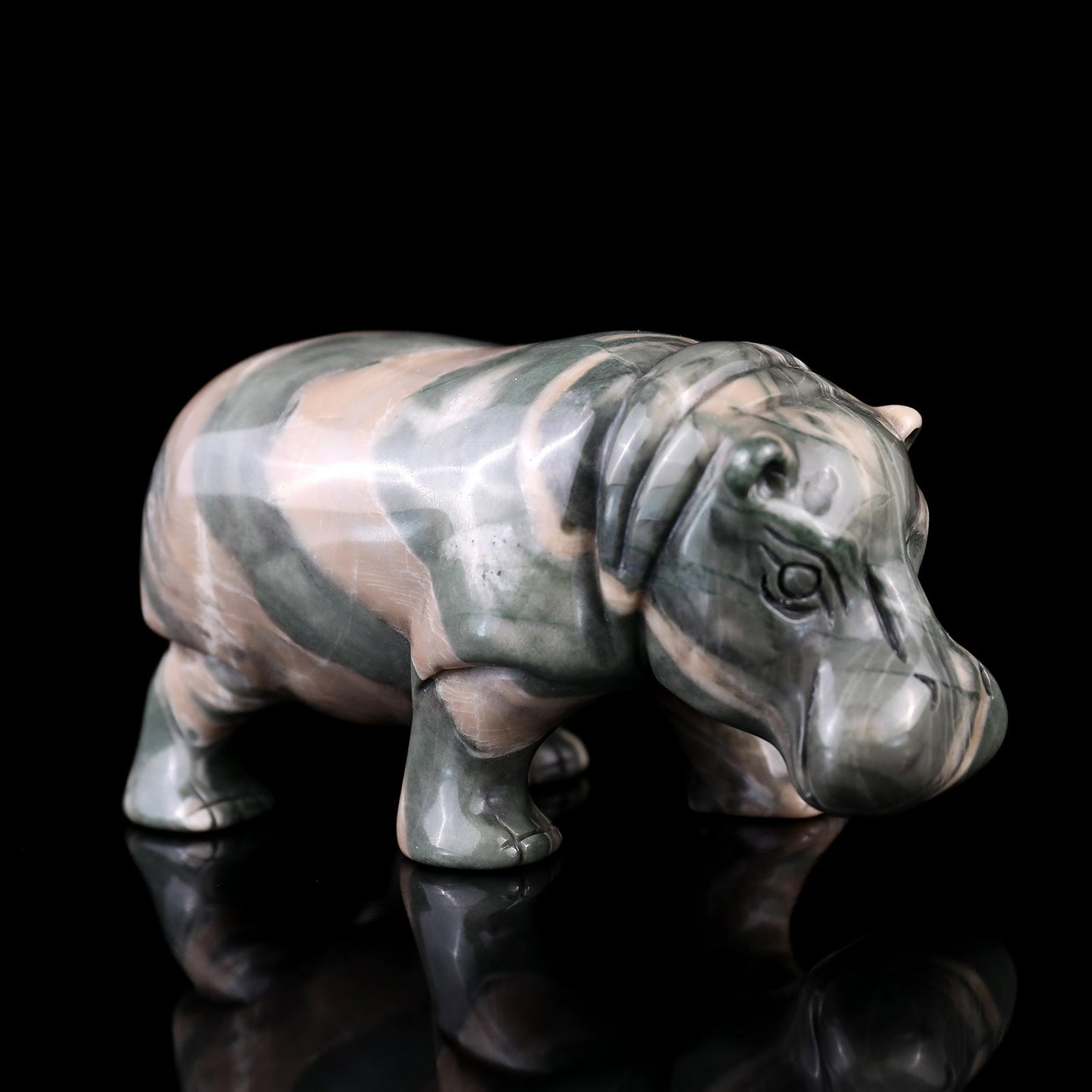 Nicedony 4.1" Jiulong Jade Hand Carved Crystal Hippo Sculpture - #2100076