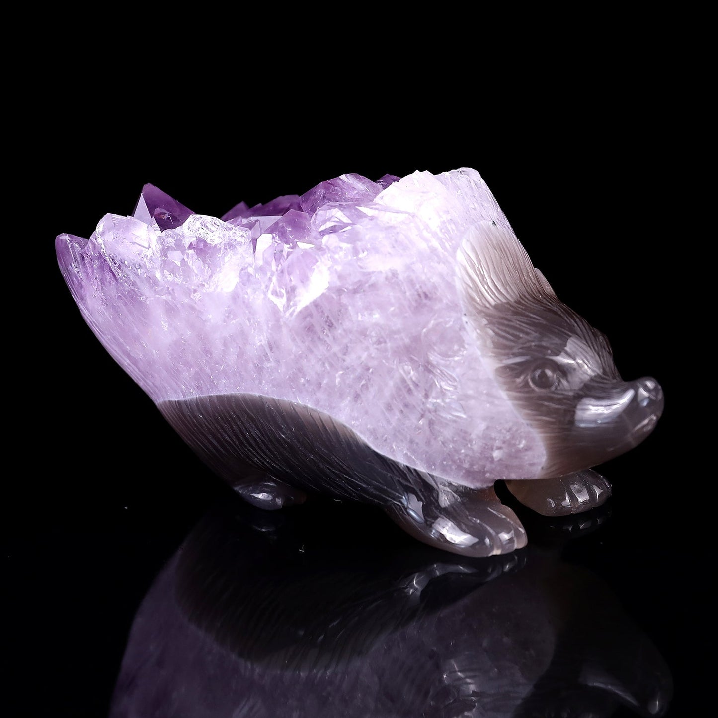 Nicedony 4.3" Amethyst Druse Agate Hand Carved Hedgehog Sculpture