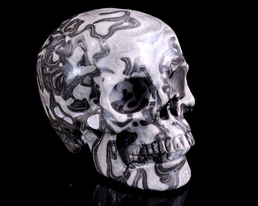 Nicedony 4.3" Black Crazy Lace Agate Hand Carved Realistic Skull