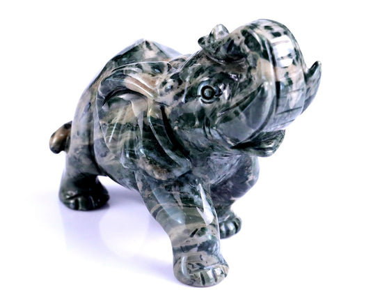 Nicedony 4.3" Jiulong Jade Hand Carved Crystal Elephant Sculpture