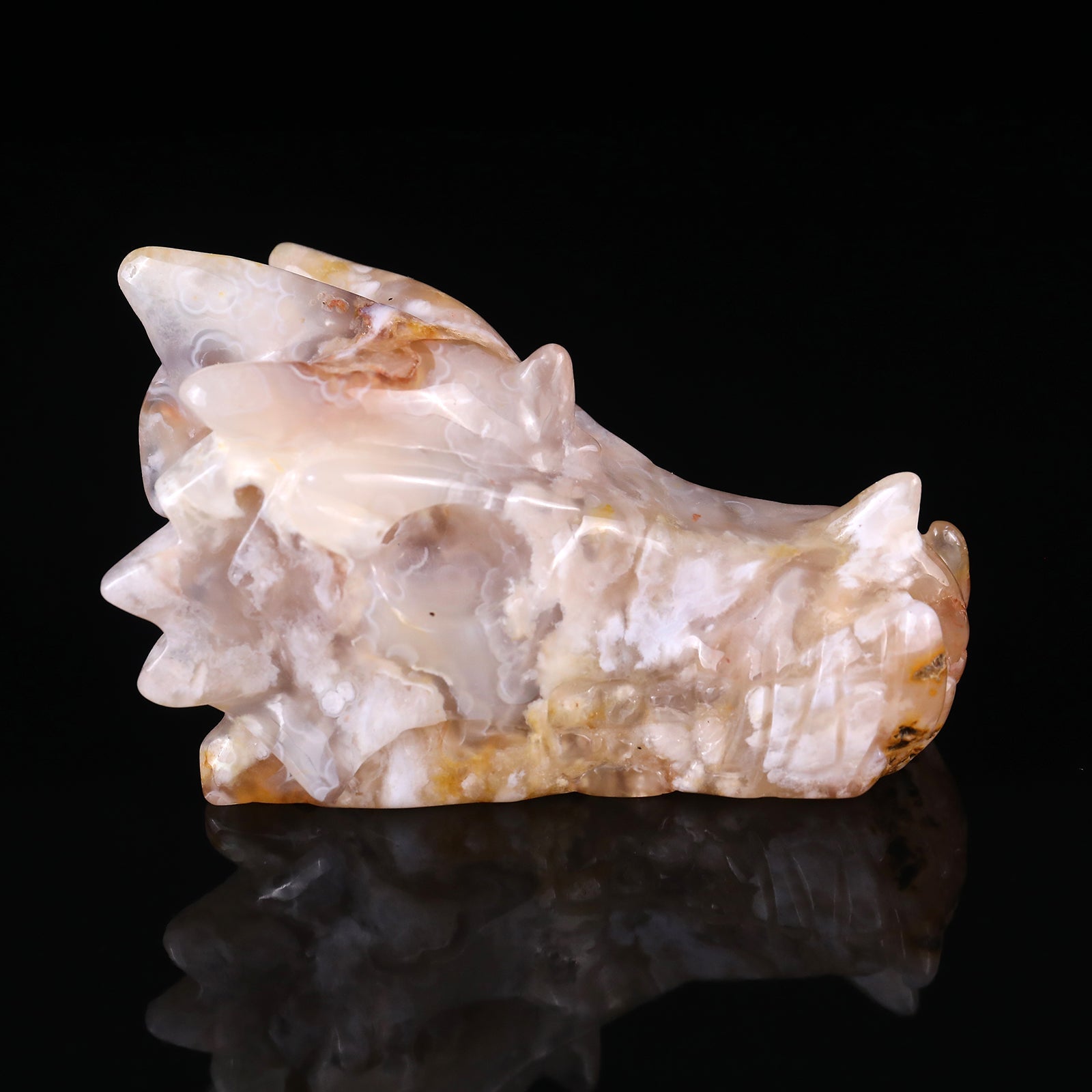 Nicedony 4.3" Sakura Agate Hand Carved Crystal Dragon Skull Sculpture