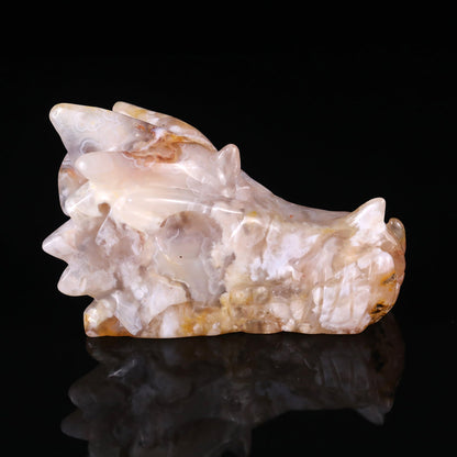 Nicedony 4.3" Sakura Agate Hand Carved Crystal Dragon Skull Sculpture