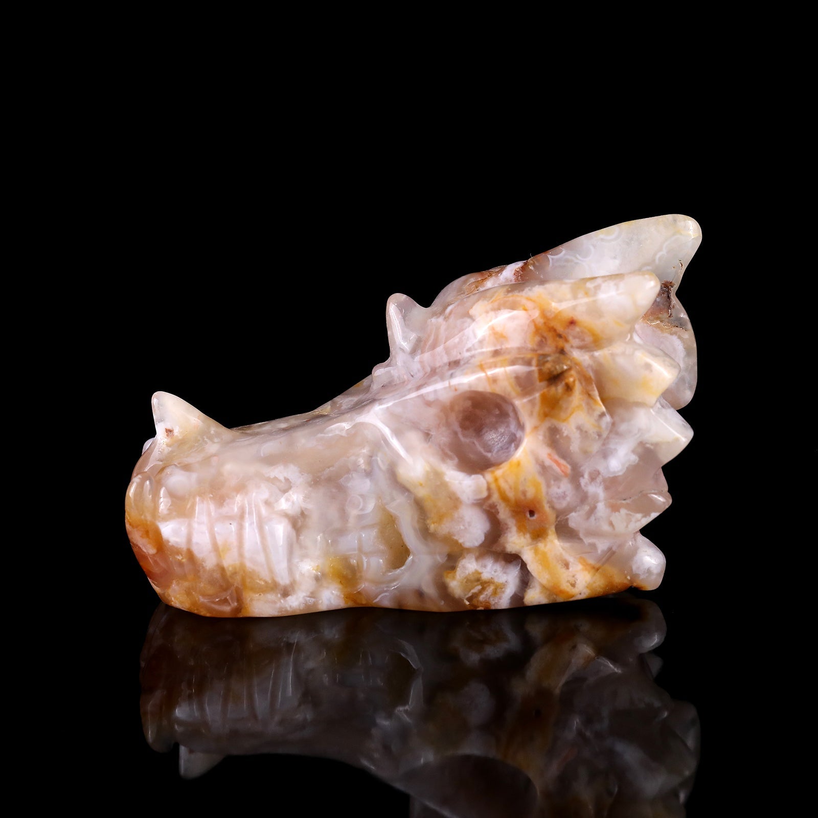 Nicedony 4.3" Sakura Agate Hand Carved Crystal Dragon Skull Sculpture - View 7