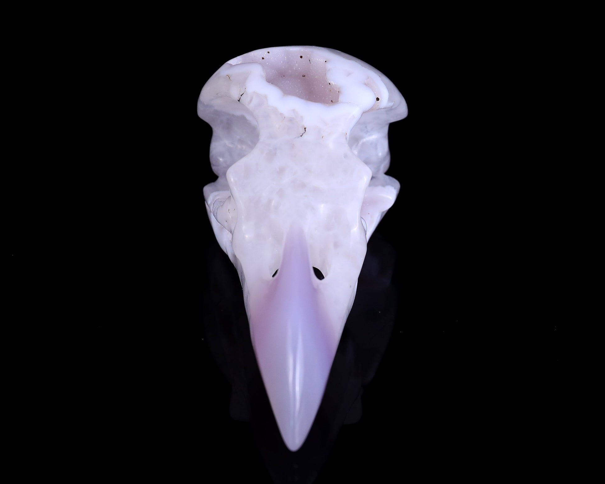 Nicedony 4.3" White Geode Agate Hand Carved Crystal Raven Skull Sculpture - View 2