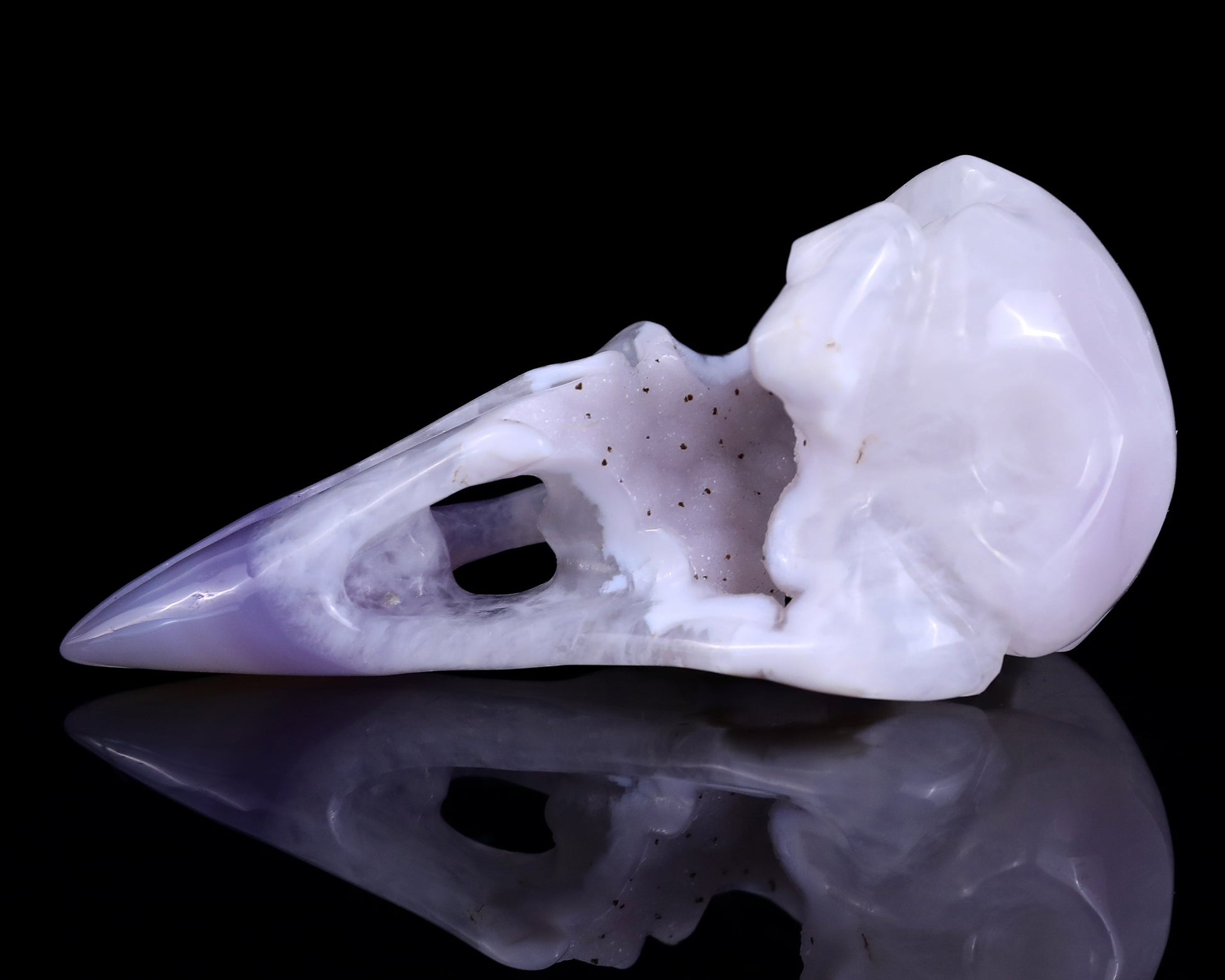 Nicedony 4.3" White Geode Agate Hand Carved Crystal Raven Skull Sculpture - View 5