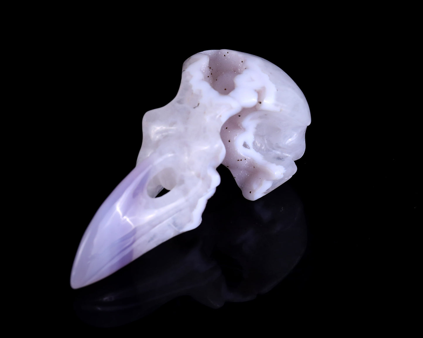 Nicedony 4.3" White Geode Agate Hand Carved Crystal Raven Skull Sculpture - View 6