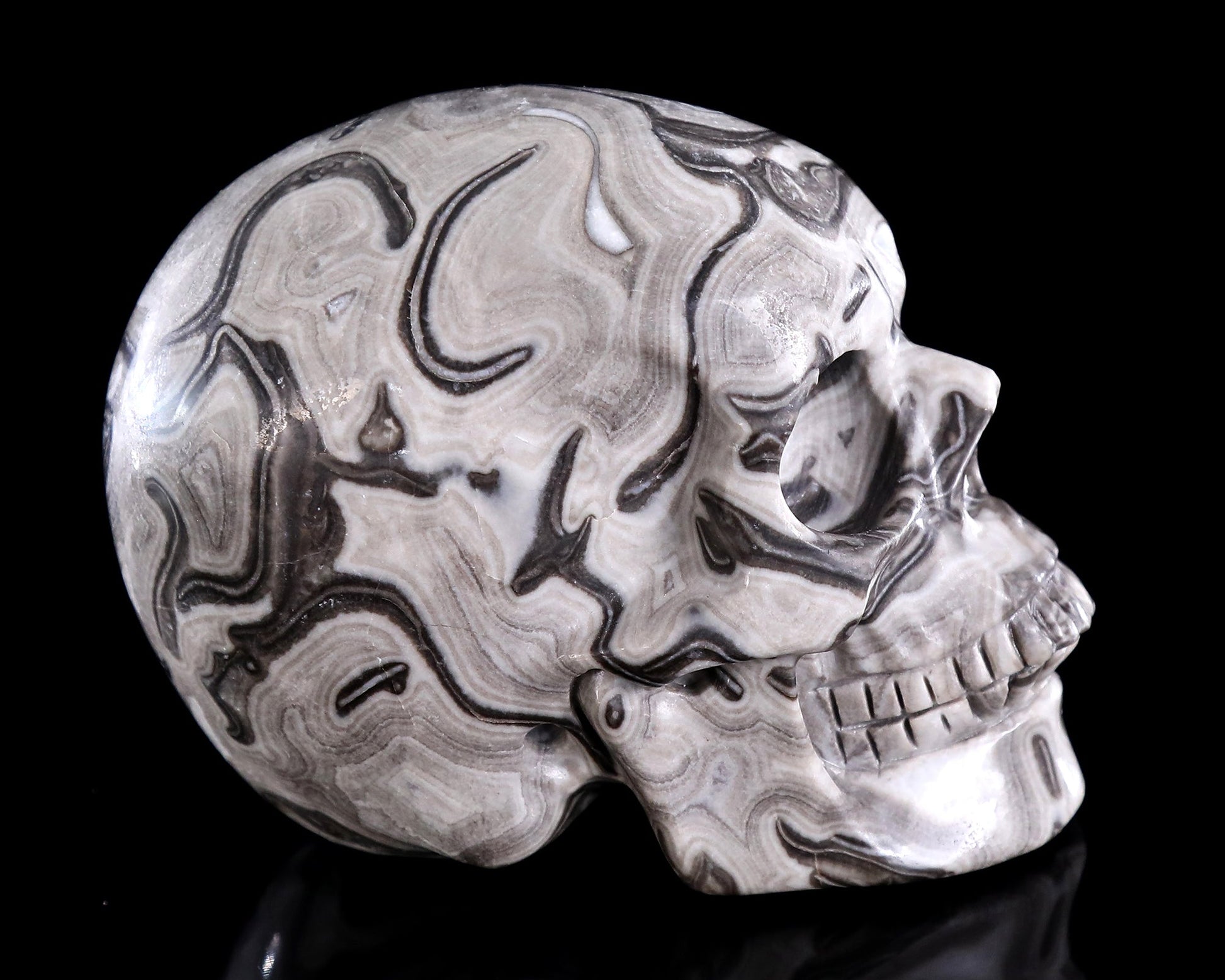 Nicedony 4.4" Black Crazy Agate Hand Carved Crystal Skull Sculpture - View 6
