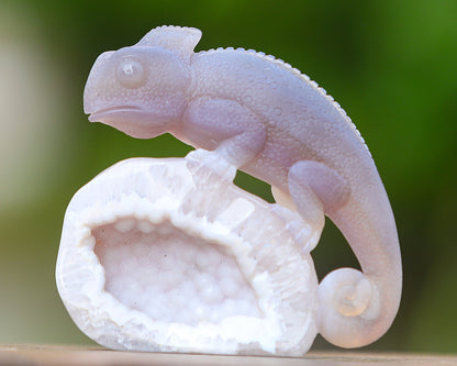 Nicedony 4.6" Amethyst Geode Agate Hand Carved Lizard Sculpture