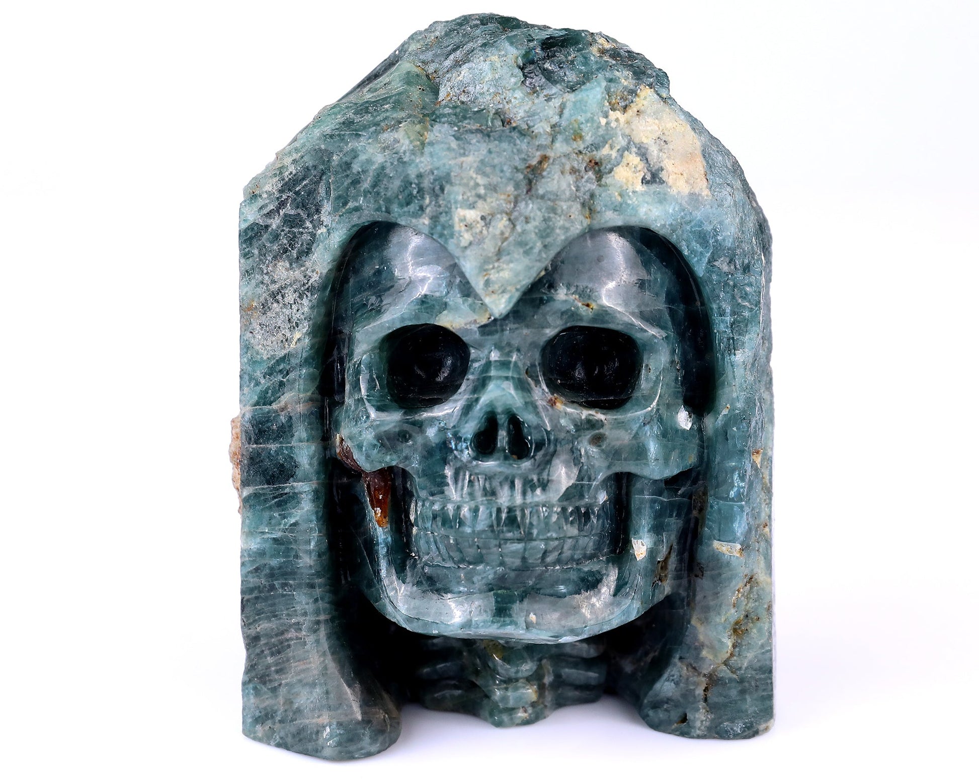 Nicedony 4.8" Blue Apatite Hand Carved Skull Sculpture - View 2
