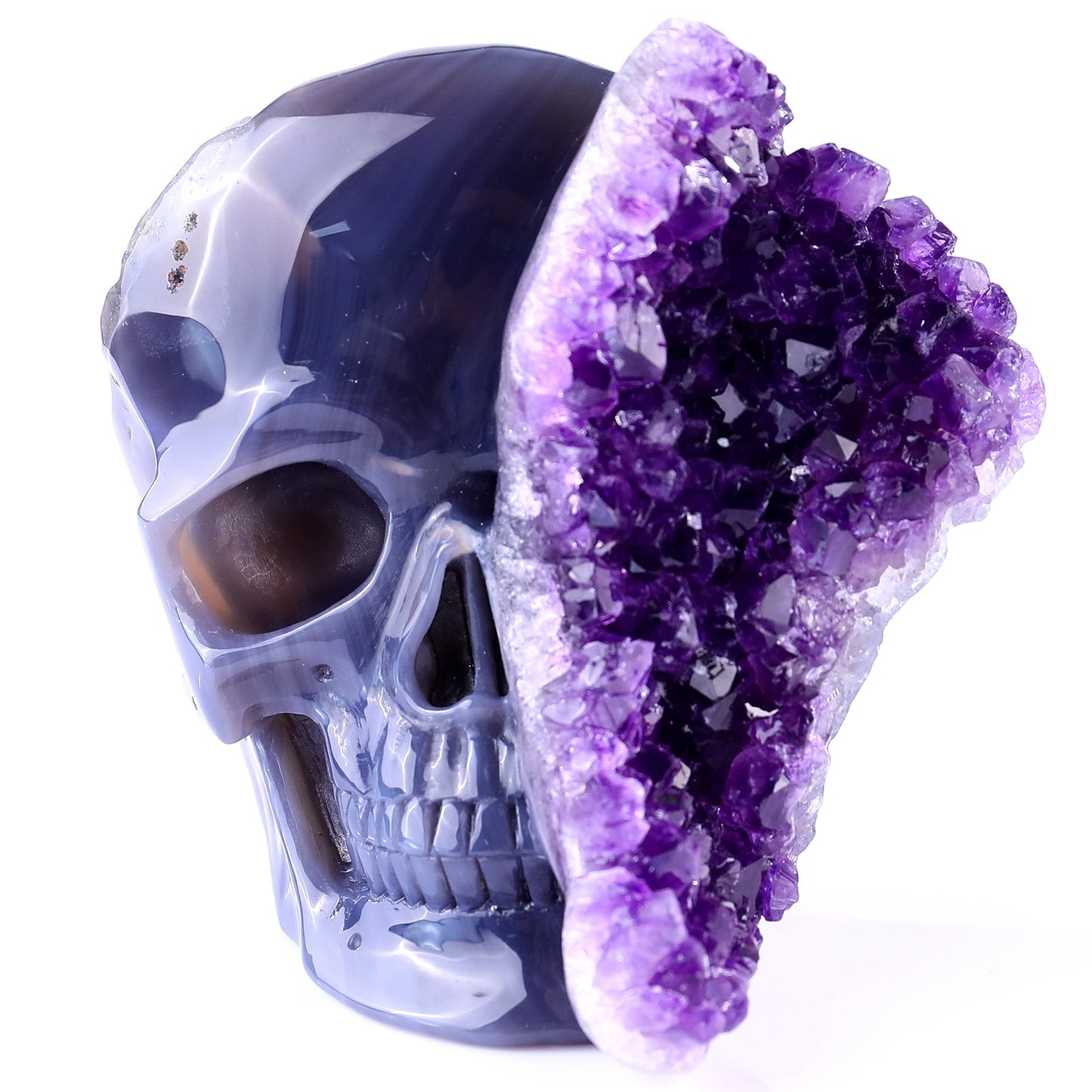 Nicedony Unique 4.9" Amethyst Druse Agate Hand Carved Crystal Geode Skull Sculpture