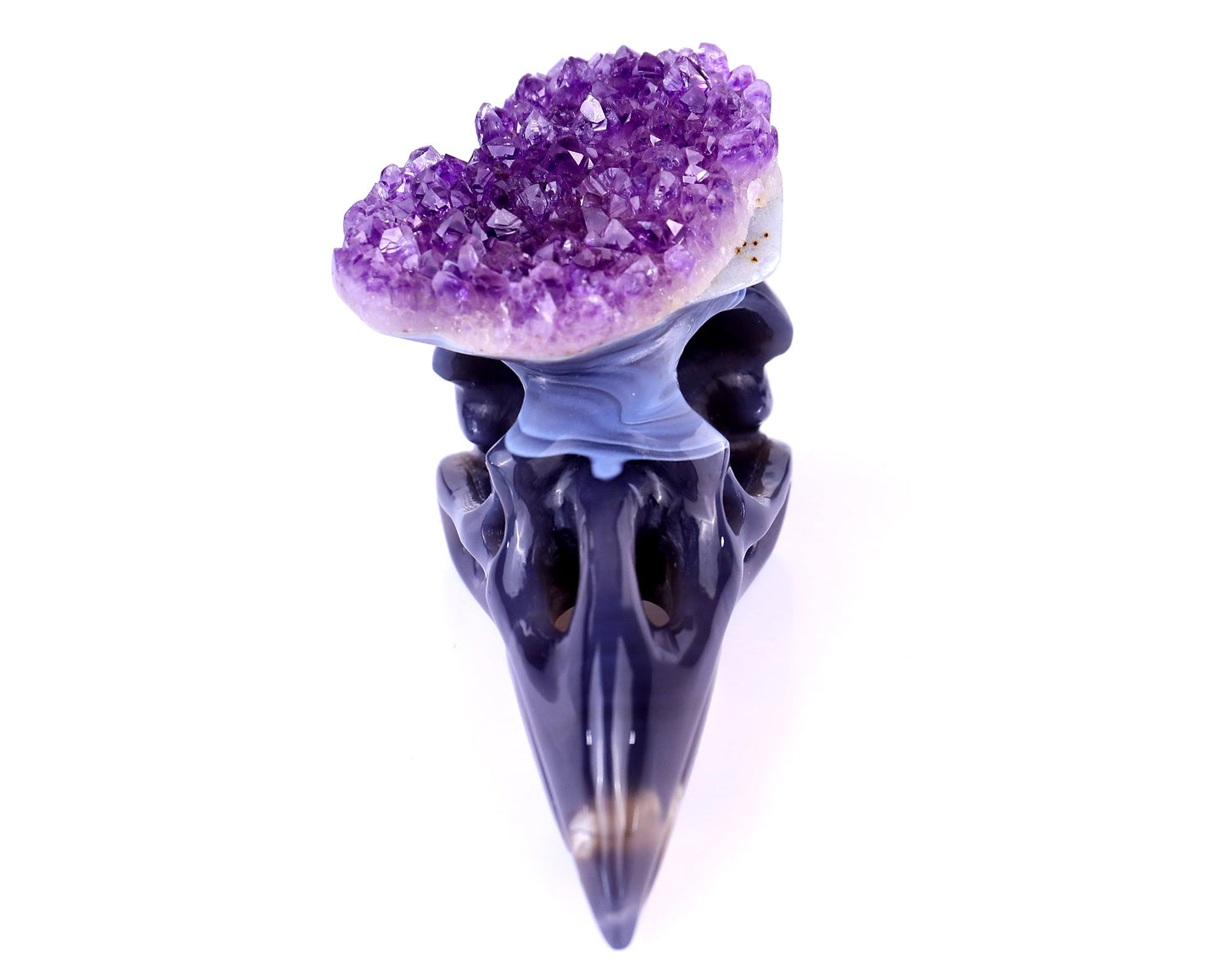 Nicedony 5.0" Amethyst Druse Agate Hand Carved Crystal Raven Skull Sculpture - View 2