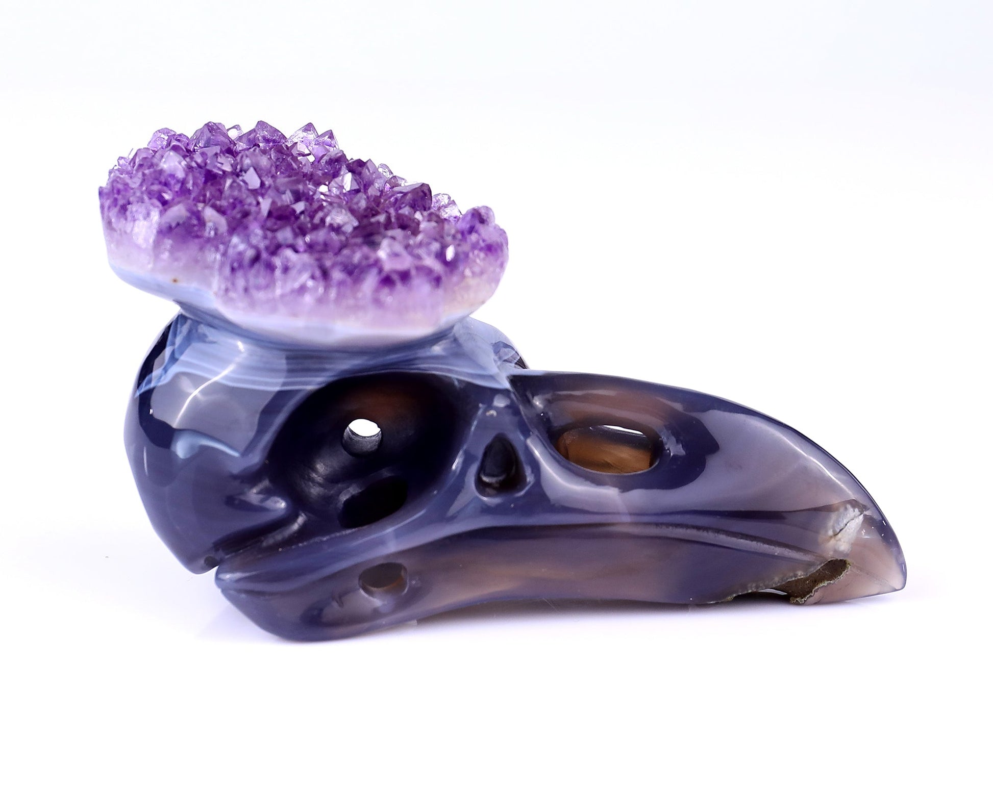 Nicedony 5.0" Amethyst Druse Agate Hand Carved Crystal Raven Skull Sculpture - View 3