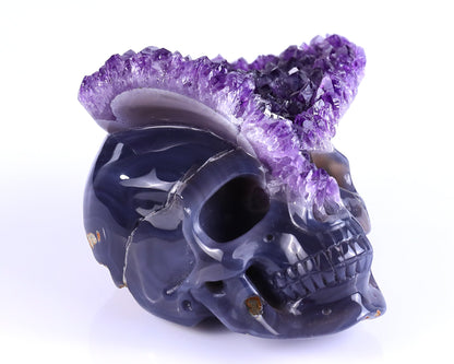 Nicedony 5.0" Amethyst Druse Agate Hand Carved Skull Sculpture