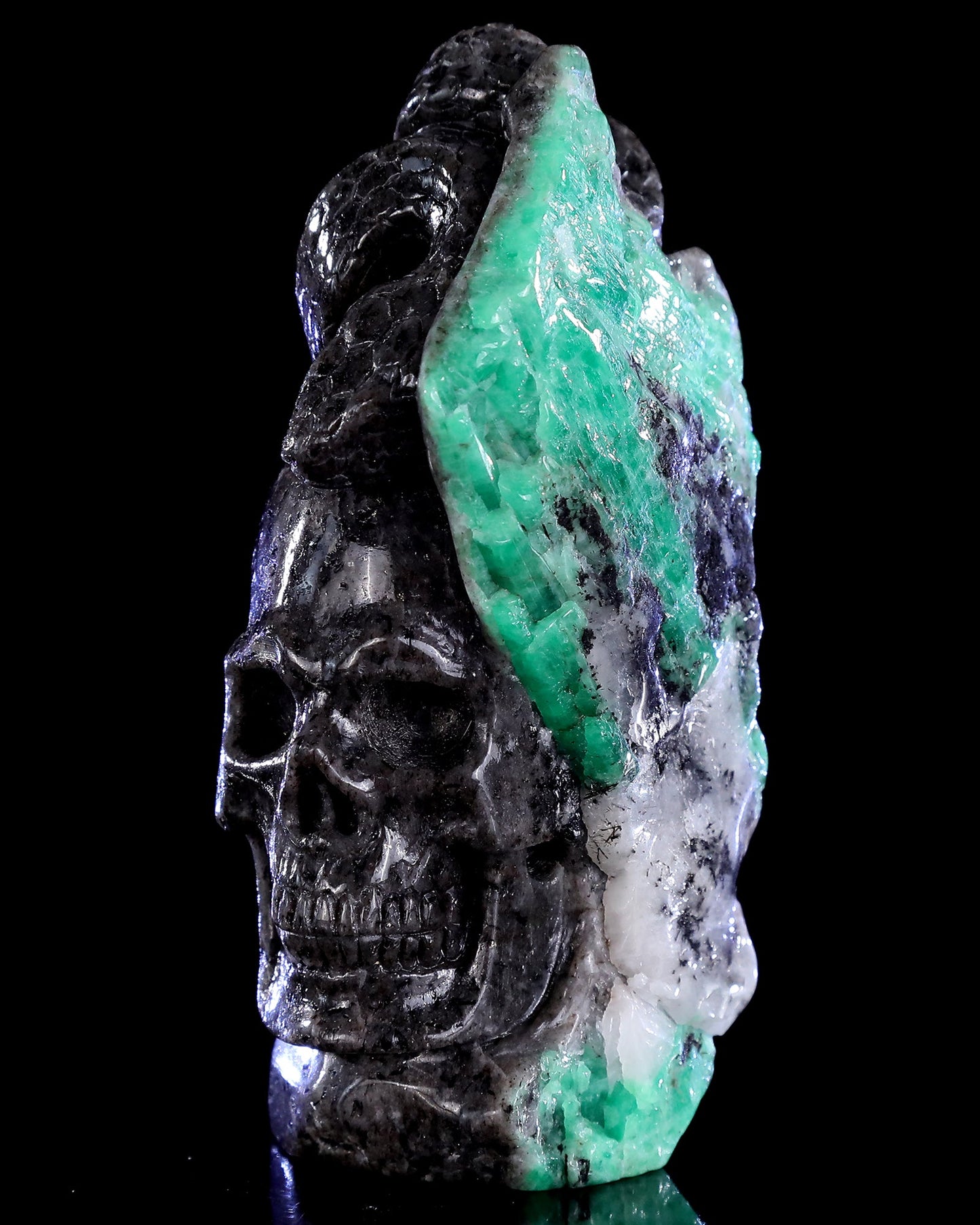 Nicedony 5.0" Emerald Hand Carved Crystal Skull and Snake Sculpture - View 3