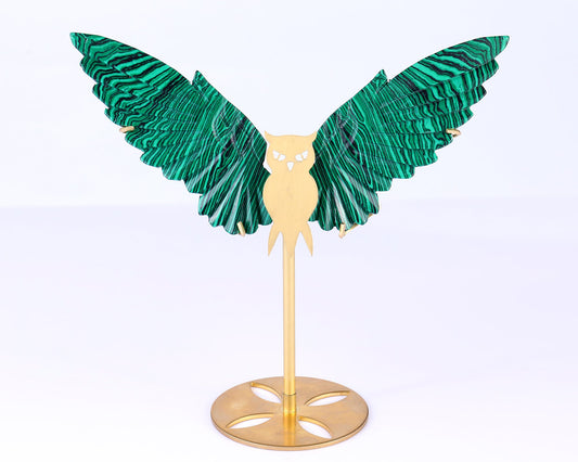 Nicedony 5.0" Malachite Hand Carved Crystal Owl Wings Sculpture
