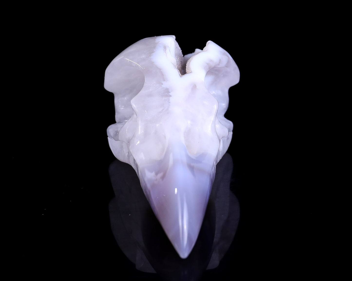 Nicedony 5.1" White Geode Agate Hand Carved Raven Skull Sculpture - View 2