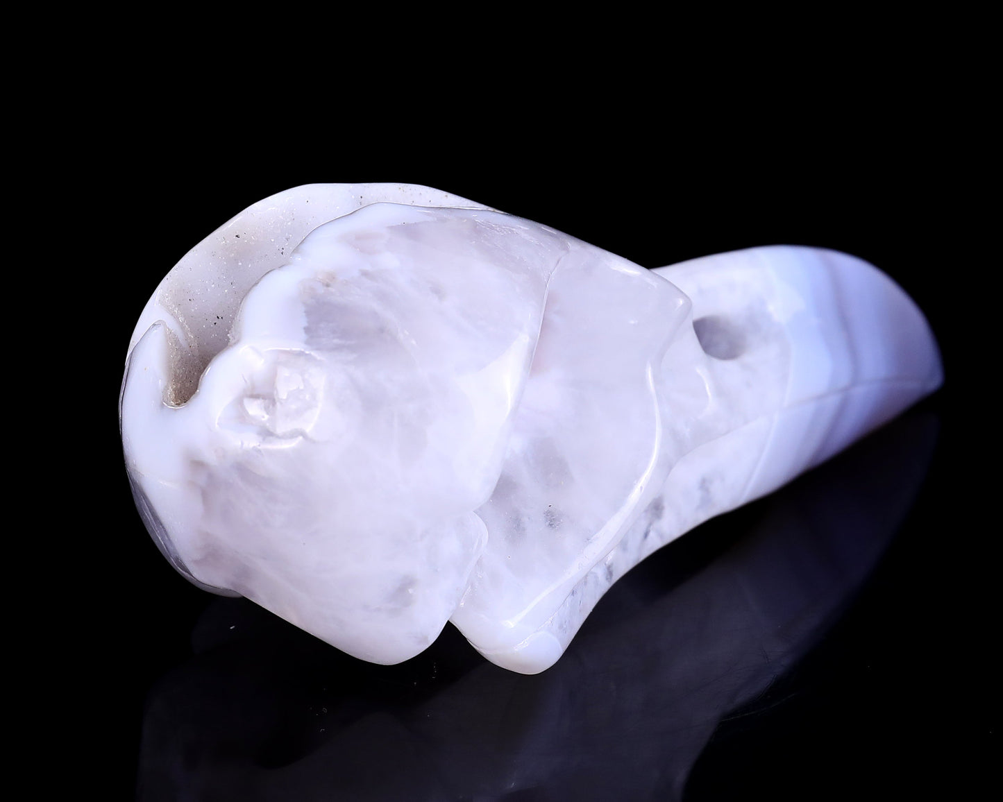 Nicedony 5.1" White Geode Agate Hand Carved Raven Skull Sculpture - View 4