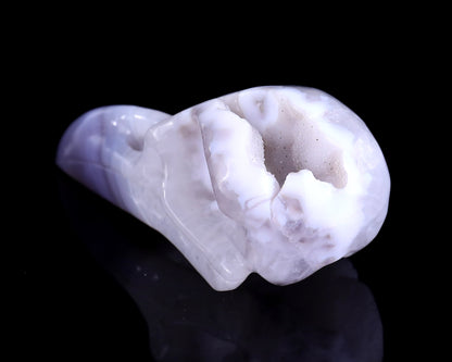Nicedony 5.1" White Geode Agate Hand Carved Raven Skull Sculpture - View 6