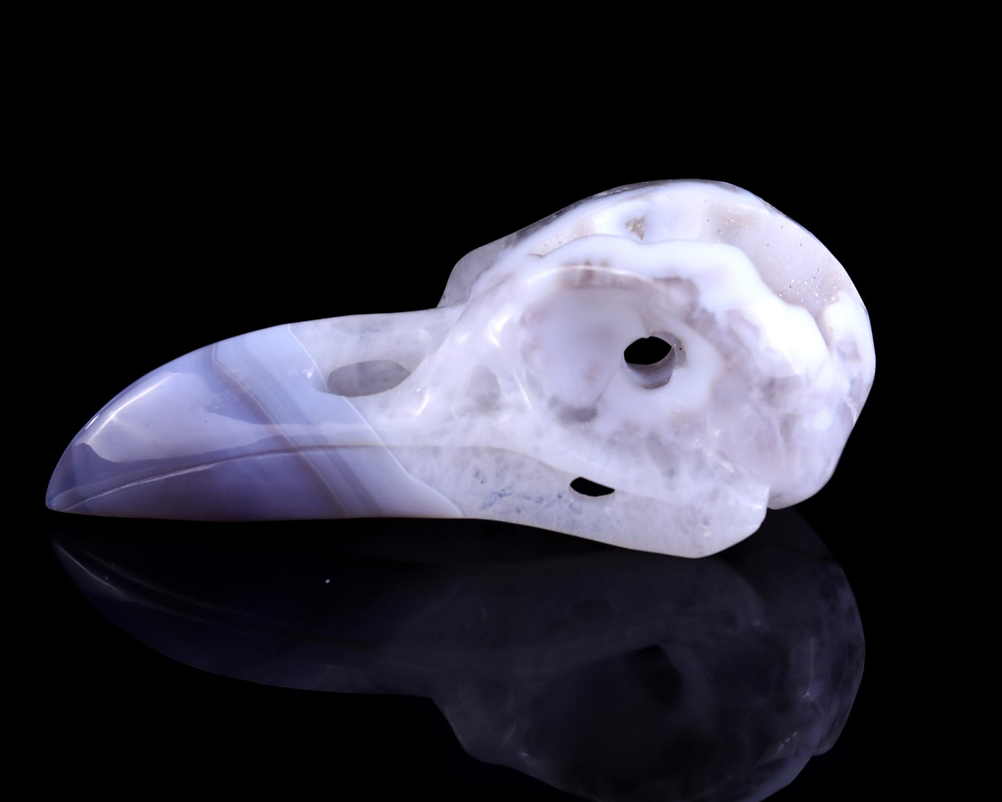 Nicedony 5.1" White Geode Agate Hand Carved Raven Skull Sculpture - View 7