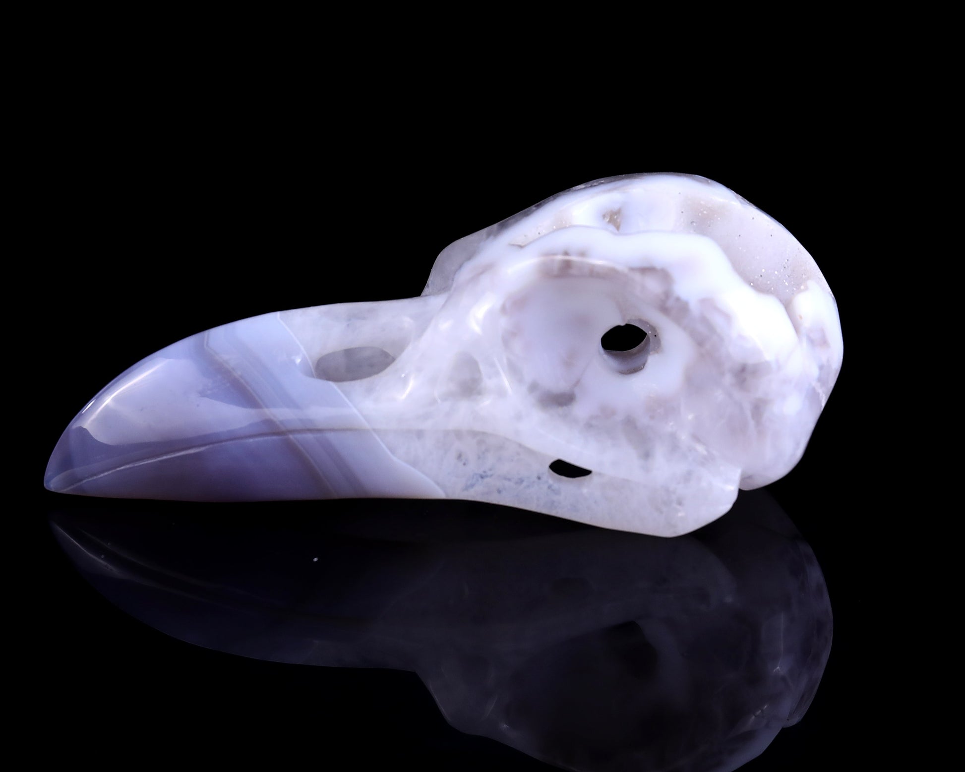 Nicedony 5.1" White Geode Agate Hand Carved Raven Skull Sculpture - View 7