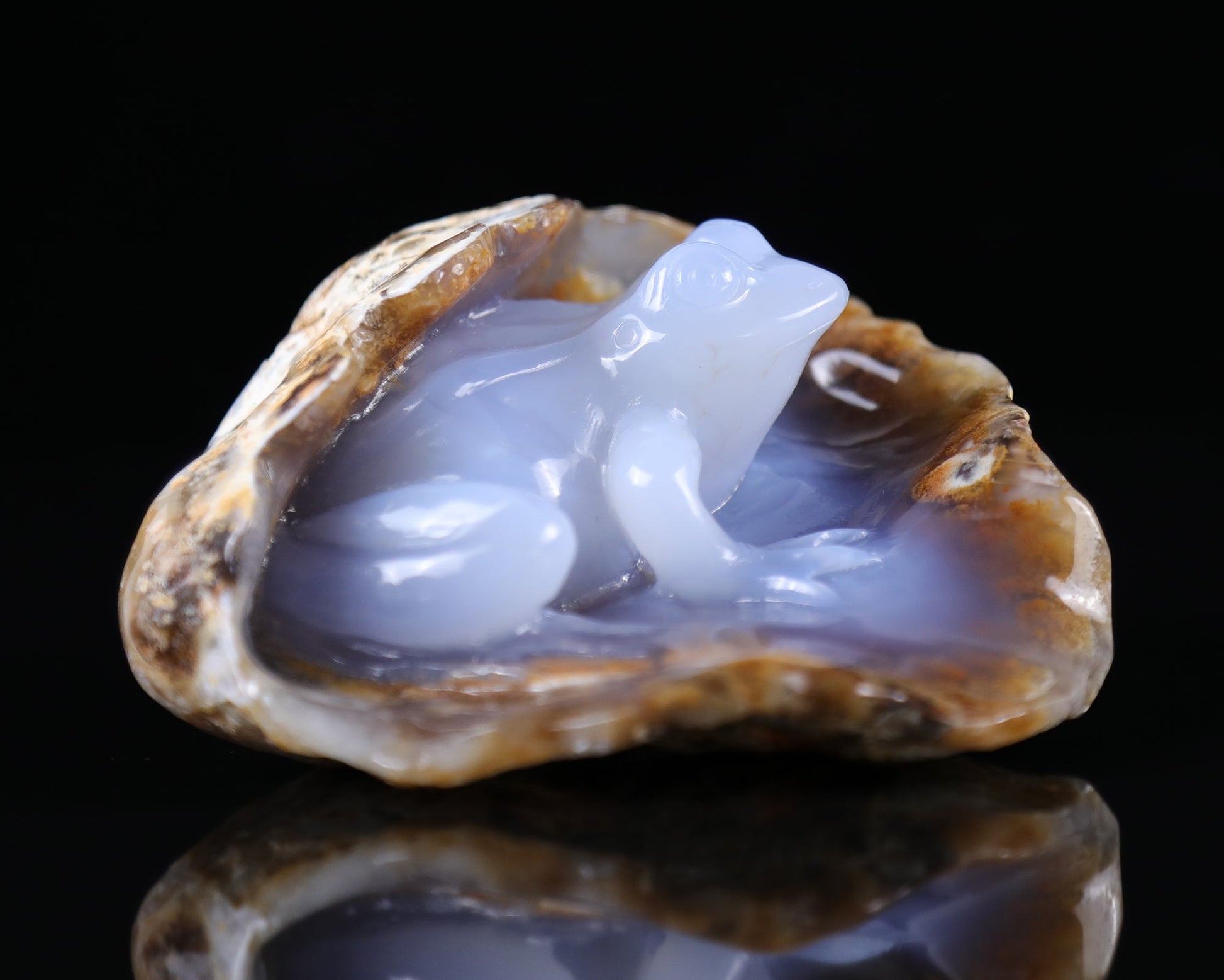 Nicedony 5.2" Blue Chalcedony Hand Carved Geode Frog Sculpture - View 2