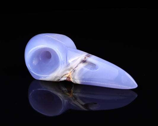 Nicedony 5.2" Blue Chalcedony Hand Carved Raven Skull Sculpture