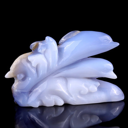 Nicedony 5.3" Blue Chalcedony Hand Carved Crystal Dolphins Sculpture - View 7