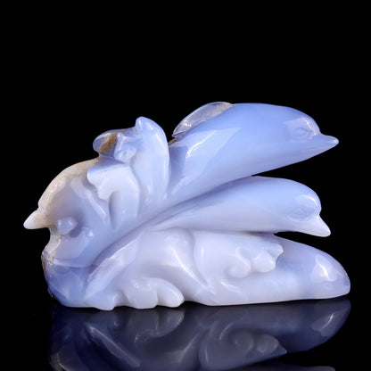 Nicedony 5.3" Blue Chalcedony Hand Carved Crystal Dolphins Sculpture - View 3