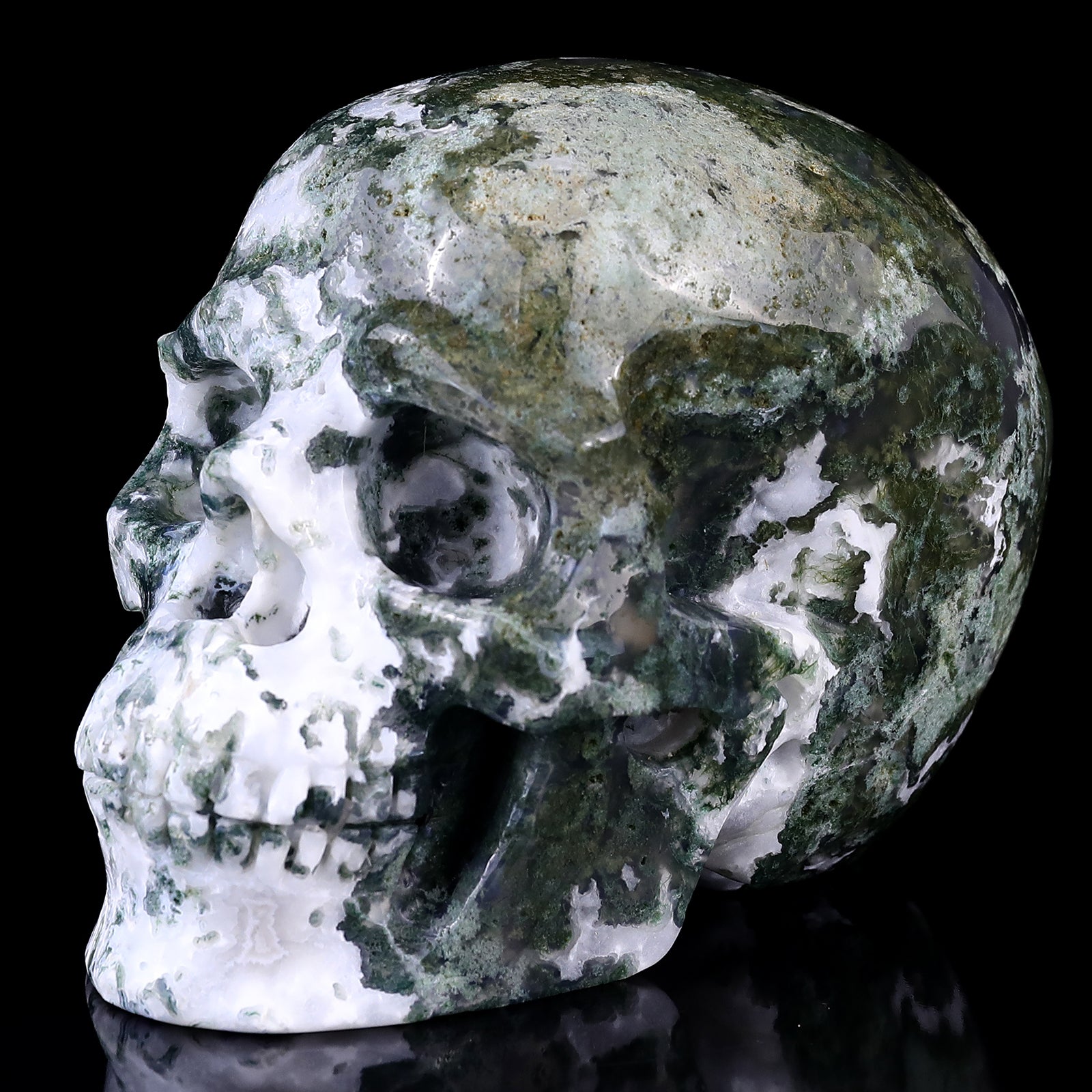 Nicedony 5.4" Moss Agate Hand Carved Realistic Skull Sculpture - View 7